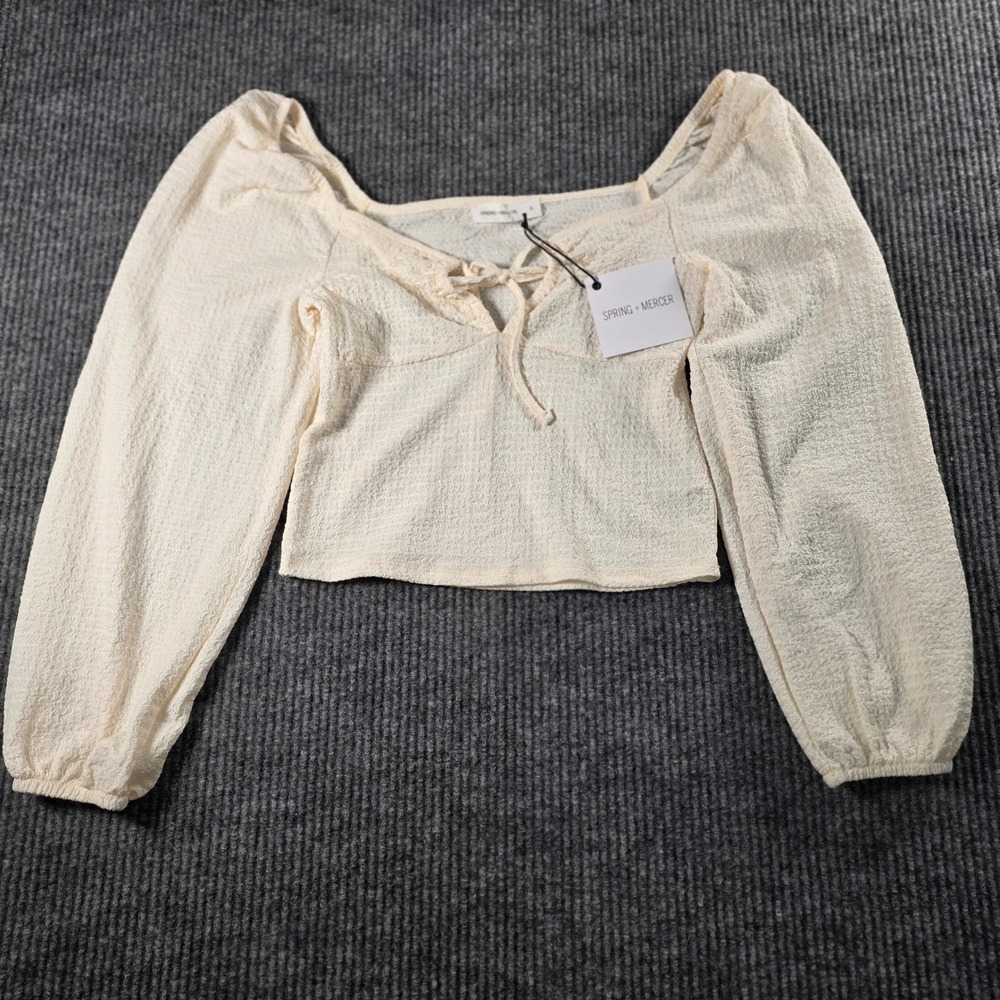 Spring + Mercer Women Cream Textured Tie Front Long Sleeve Crop Blouse Small NEW